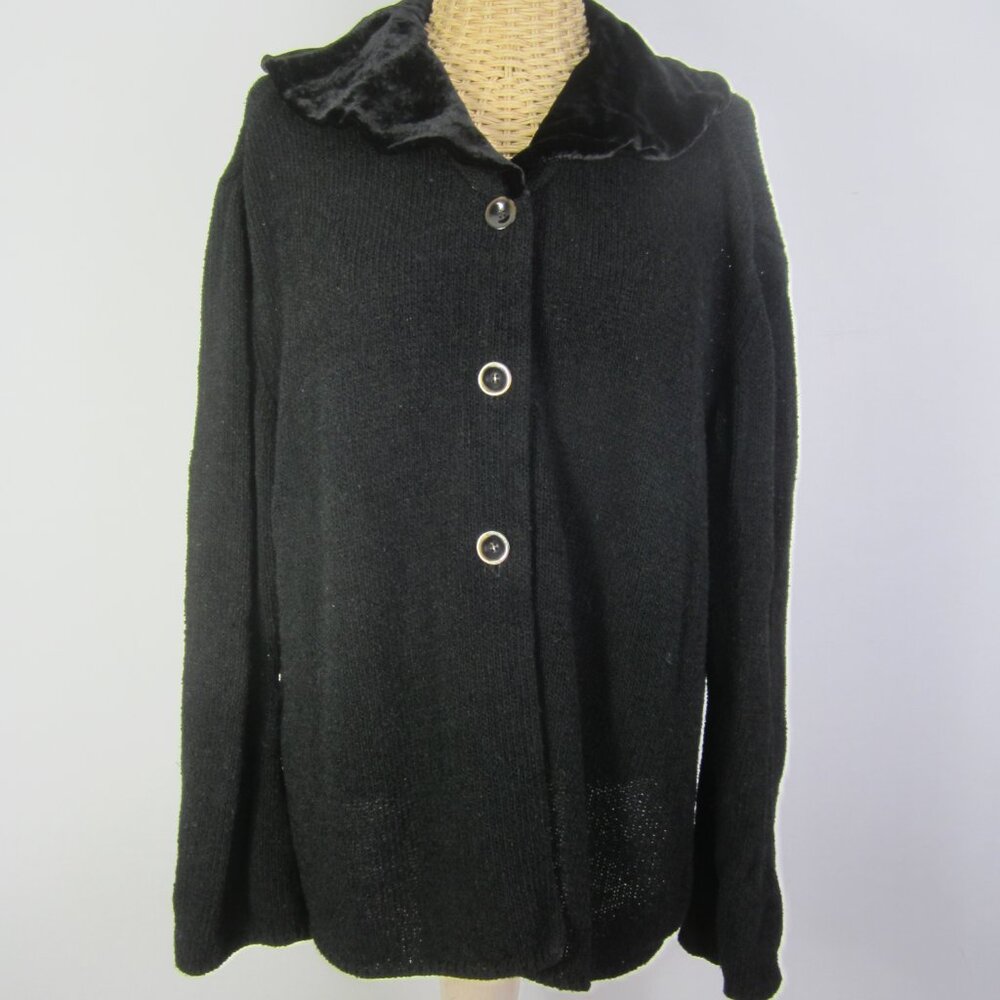 Vtg J Jill Women XL Black Boucle Knit Velvet Collar Cardigan Sweater Silk Linen